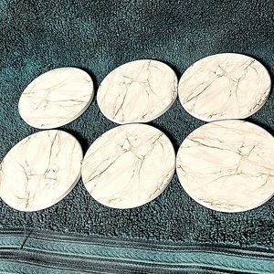 Set of 6 Marble Coasters With Black Metal Holder New